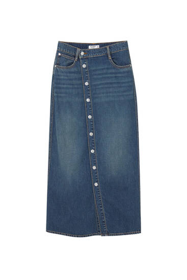 Extra-long denim skirt with buttons