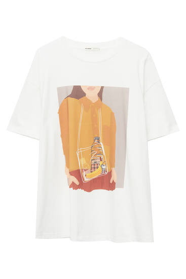 White T-shirt with woman and bag graphic