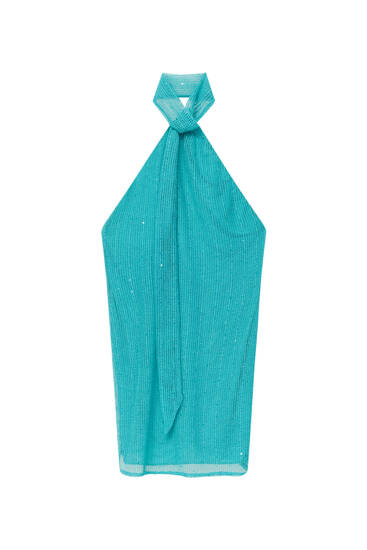 Vestido de malha de rede com gola tipo lenço