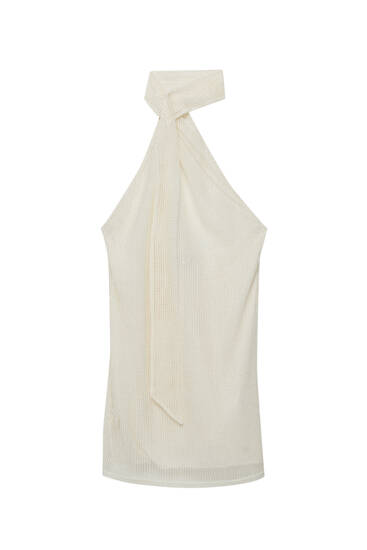 Tricot jurk met gaasstof en sjaalkraag