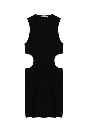 Korte, zwarte jurk van ribcord met cut-out