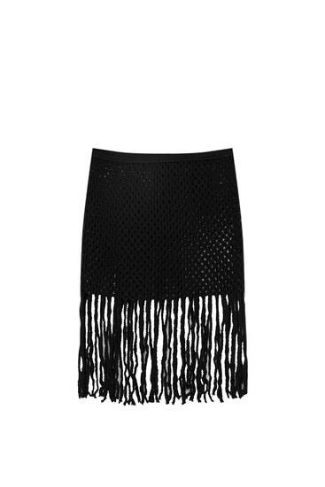 Mesh knit mini skirt with fringing