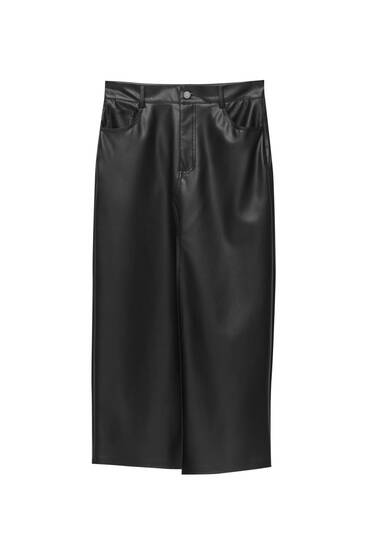 Faux leather midi skirt with slit detail