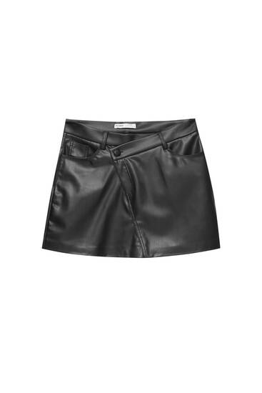 Leather effect mini skirt with a crossover waistband