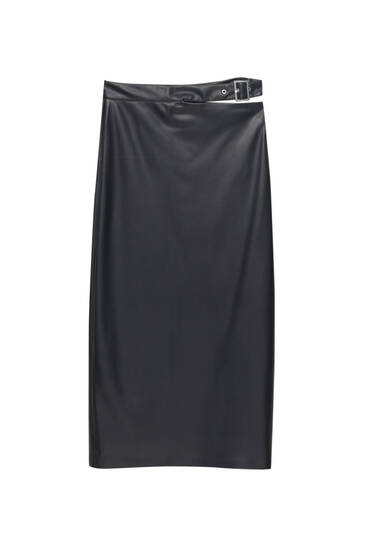 Faux leather belted midi skirt