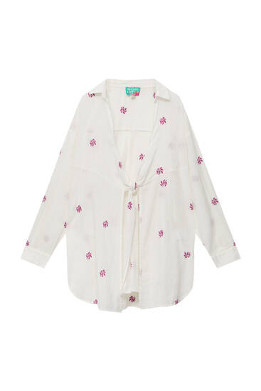 Shirt with floral embroidery and knot detail