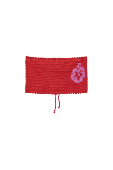 Crochet bandeau top with embroidered flower