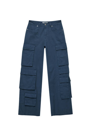 Blue cargo trousers with multiple pockets