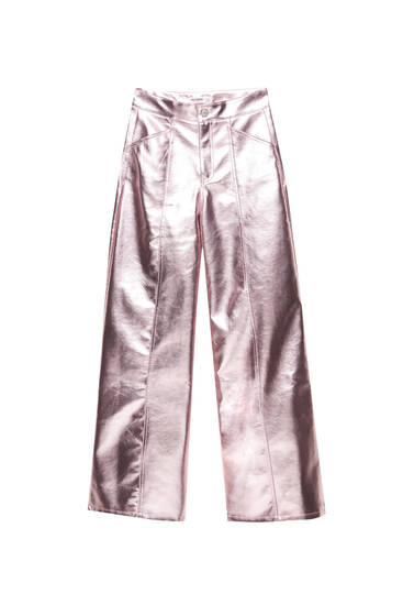 Pantaloni super wide leg in similpelle metallizzata