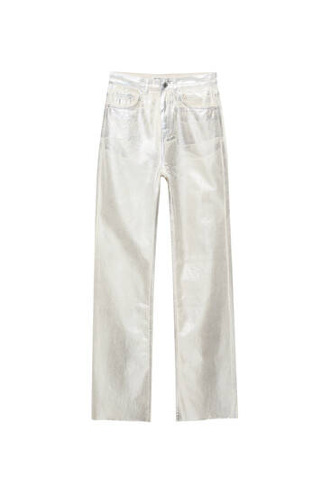 High-waist metallic straight-leg trousers