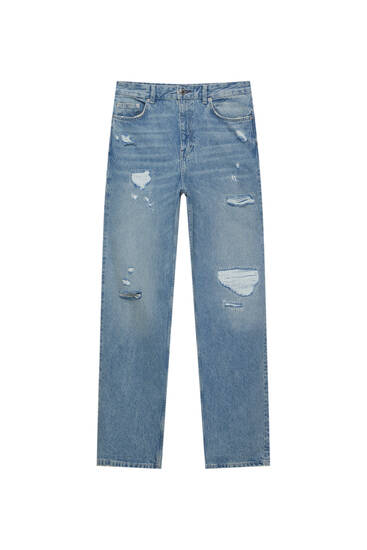 Jeans-Baggyhose mit hohem Bund und Rissen