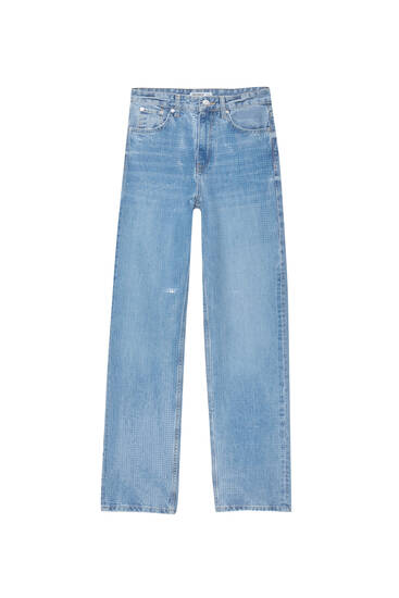 Jeans retas de cintura média com lantejoulas