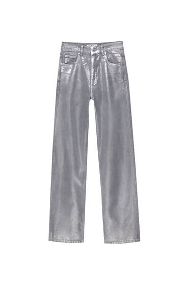Jeans retas metalizadas de cintura subida