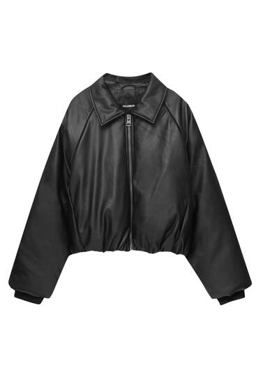 Faux leather quilted bomber jacket