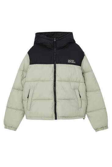 Hooded puffer jacket with panels
