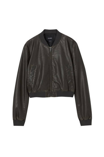 Distressed faux leather bomber jacket - pull&bear