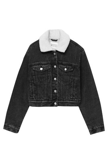 Cropped denim jacket with faux shearling detail