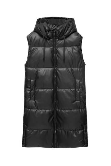 Long leather effect puffer gilet