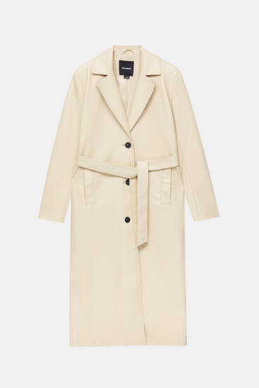Buttoned leather effect trench coat