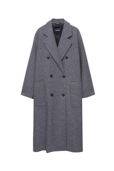 Long checked synthetic wool coat