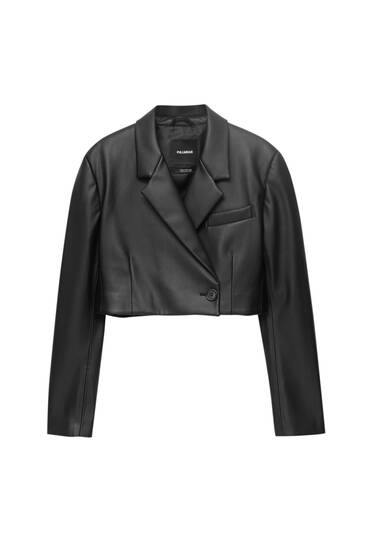 Blazer cropped nero in similpelle