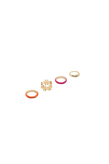 Pack of 4 enamelled rings with flower details