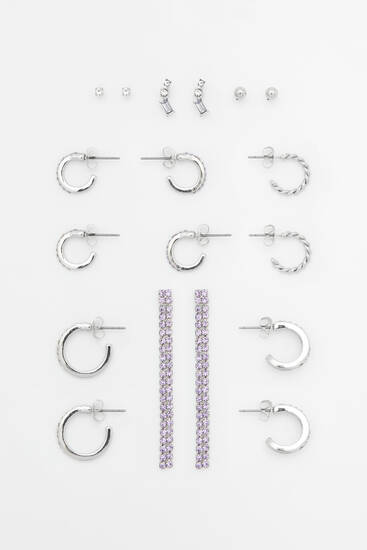 Pack of 9 pairs of shiny earrings