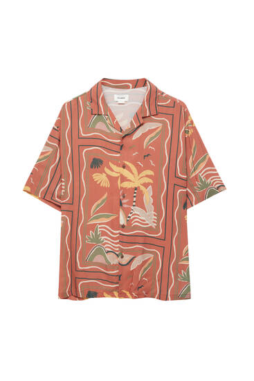 Camisa naranja estampado palmeras
