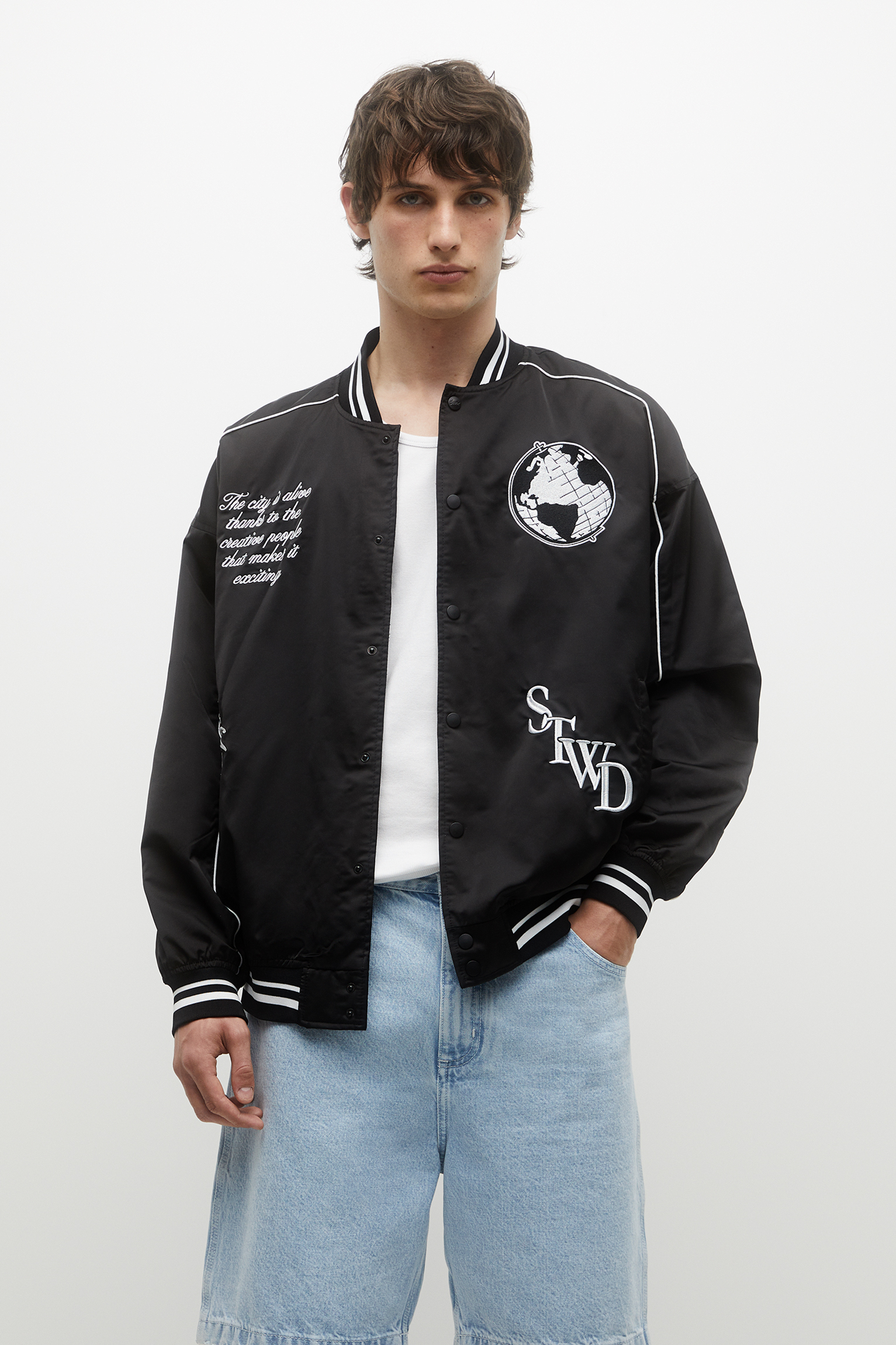 Pull&Bear Varsity Bomber Jacket With Collar And Embroidery, 52 OFF