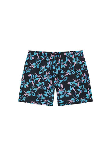 Blue and pink floral print swimming trunks