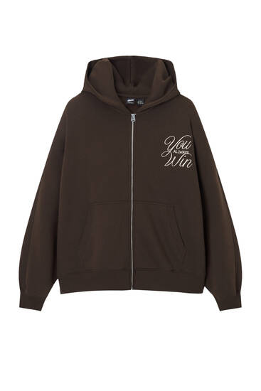 Brown zip-up hoodie with embroidered slogan
