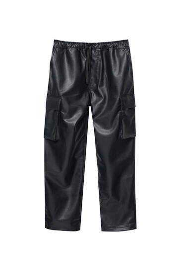 Faux leather cargo trousers with pockets
