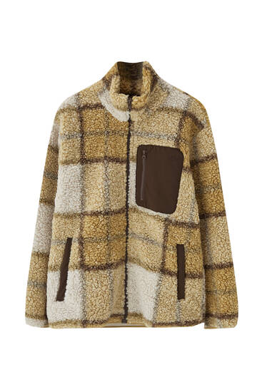 Check faux shearling jacket with a contrast pocket