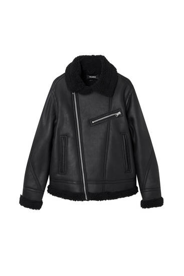 Double-faced faux shearling black jacket
