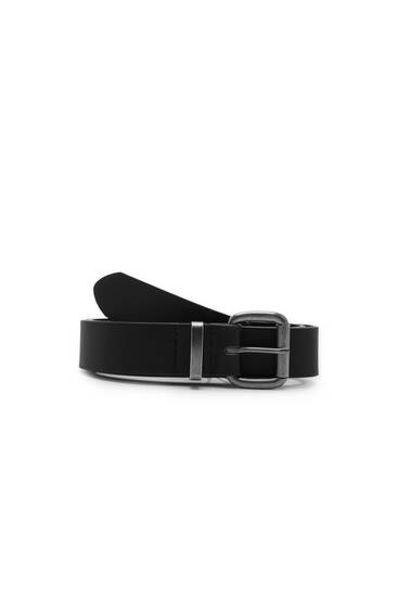 Black faux leather belt with a matte buckle