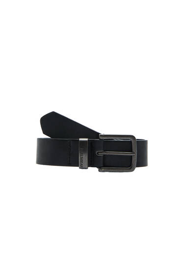 Black leather effect belt with logo buckle