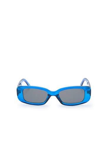 Rechteckige Sonnenbrille mit blauem Kunststoffgestell
