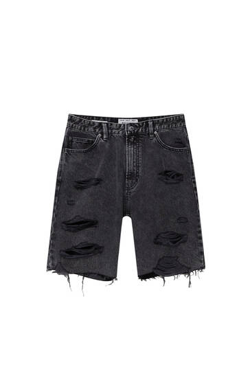 Relaxed-fit basic denim Bermuda shorts with rips