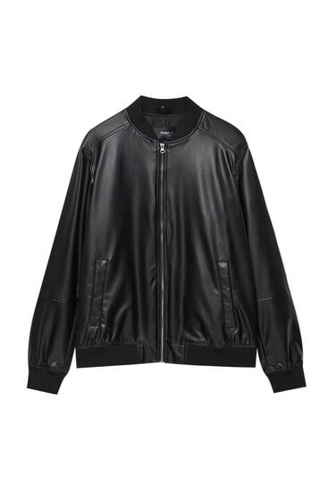 Black basic faux leather bomber jacket
