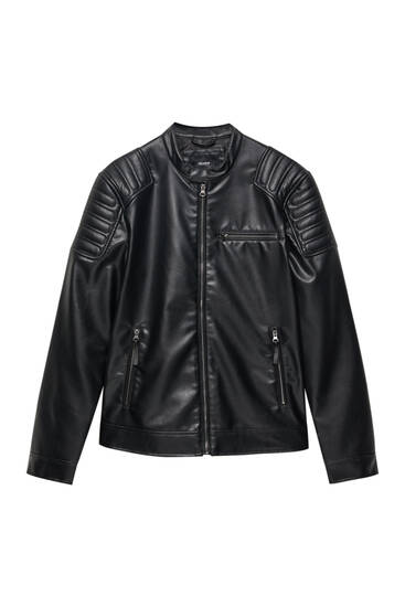 Black basic faux leather biker jacket