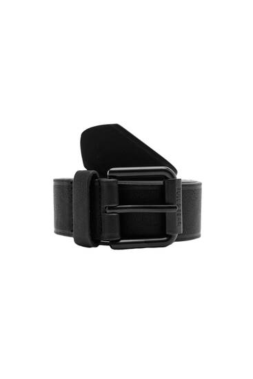 Black embossed faux leather belt with logo