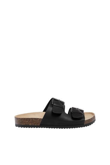 Flat slider sandals with buckles