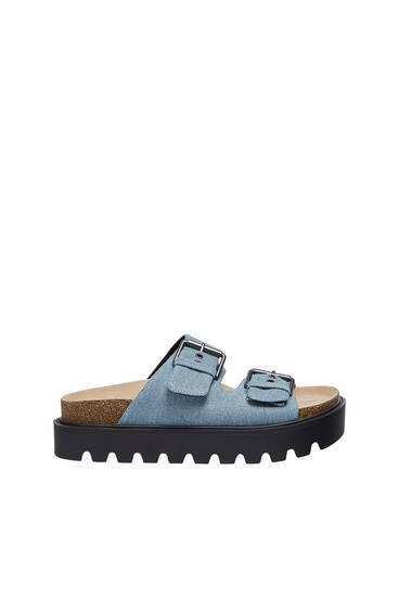 Platform sandals with denim buckles