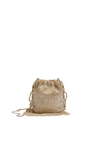 Bucket bag with beading and fringing