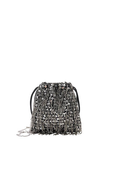 Bucket bag with beading and fringing