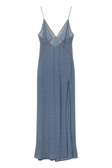 Long camisole dress with lace trim