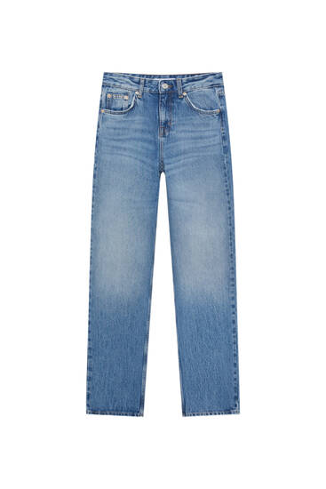 Blaue Straight-Leg-Jeans mit halbhohem Bund