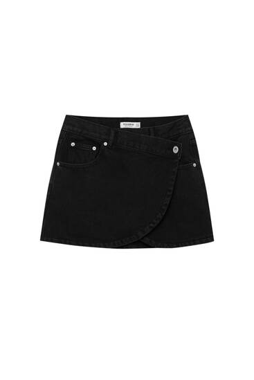 Black denim wrap mini skirt