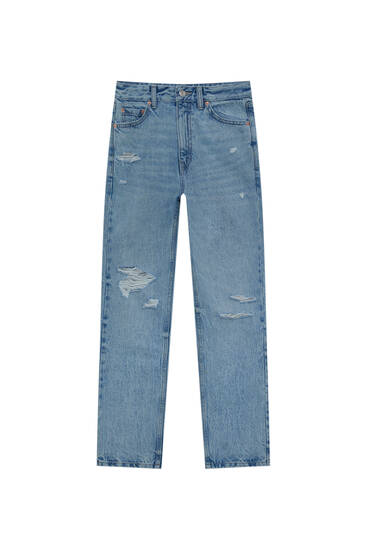 Mom-Jeans mit hohem Bund und Rissen