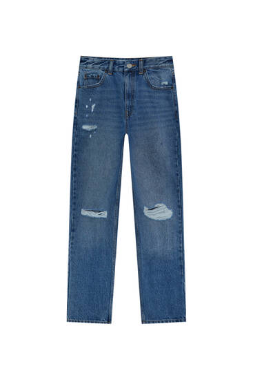 ג'ינס high waist בגזרת mom fit עם קרעים
